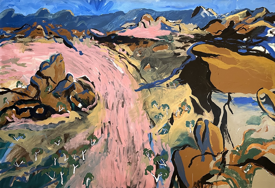 Zak Tilley, Lara Beinta through Mpulungkinya, Palm Valley, 2022, acrylic on canvas, 136.5 x 198 cm, $11,000